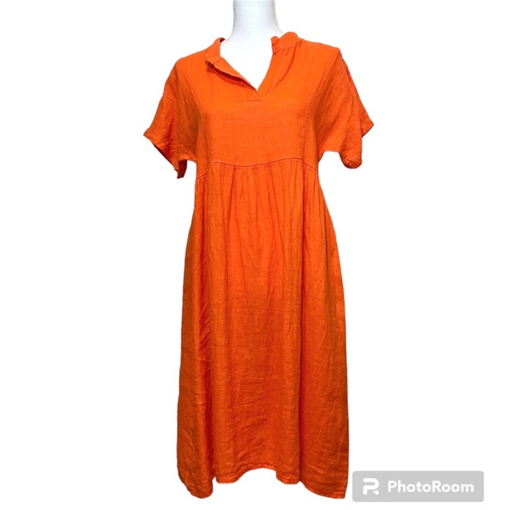 Vanessa Zani Orange Linen Midi Dress | Split Neck Short Sleeves | Made in Italy